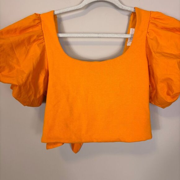 Anthropologie Orange Cropped Puff Sleeve Top Size Small - Picture 3 of 6